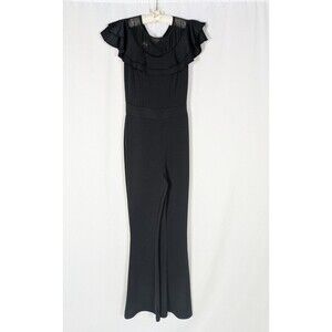 Venus Jumpsuit XS Women's Black Mesh Neck Ruffles Short Sleeve Flared Leg Zipper